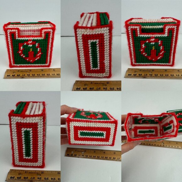 7 Vintage Christmas Holiday Plastic Canvas Coasters w Holder Yarn Candle Design - Picture 3 of 11